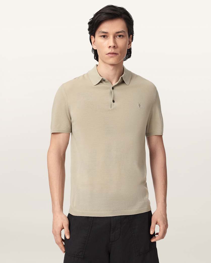 AllSaints Mode Merino Short Sleeve Ramskull Polo Shirt Navy Blue