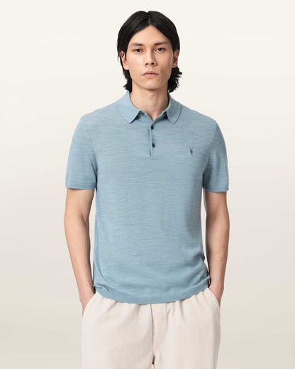 AllSaints Mode Merino Short Sleeve Ramskull Polo Shirt Navy Blue
