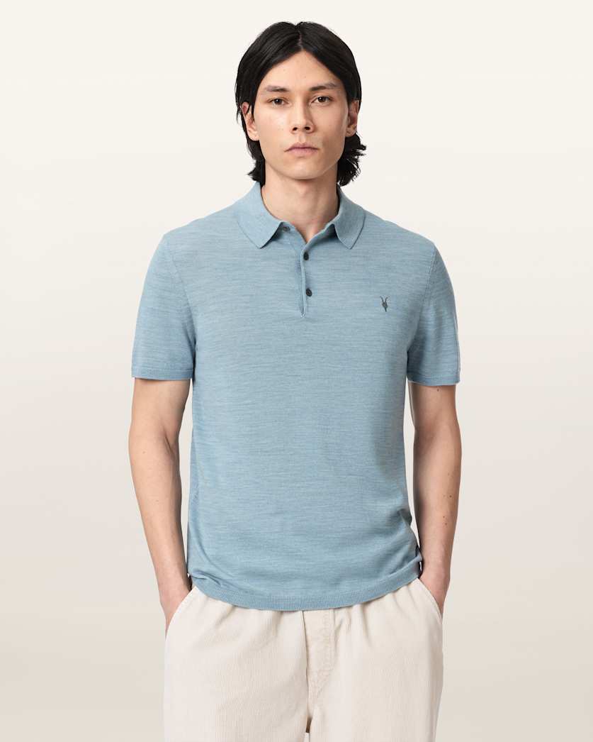 AllSaints Mode Merino Short Sleeve Ramskull Polo Shirt Navy Blue