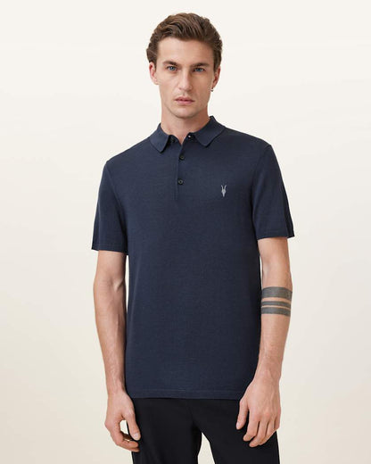 AllSaints Mode Merino Short Sleeve Ramskull Polo Shirt Navy Blue