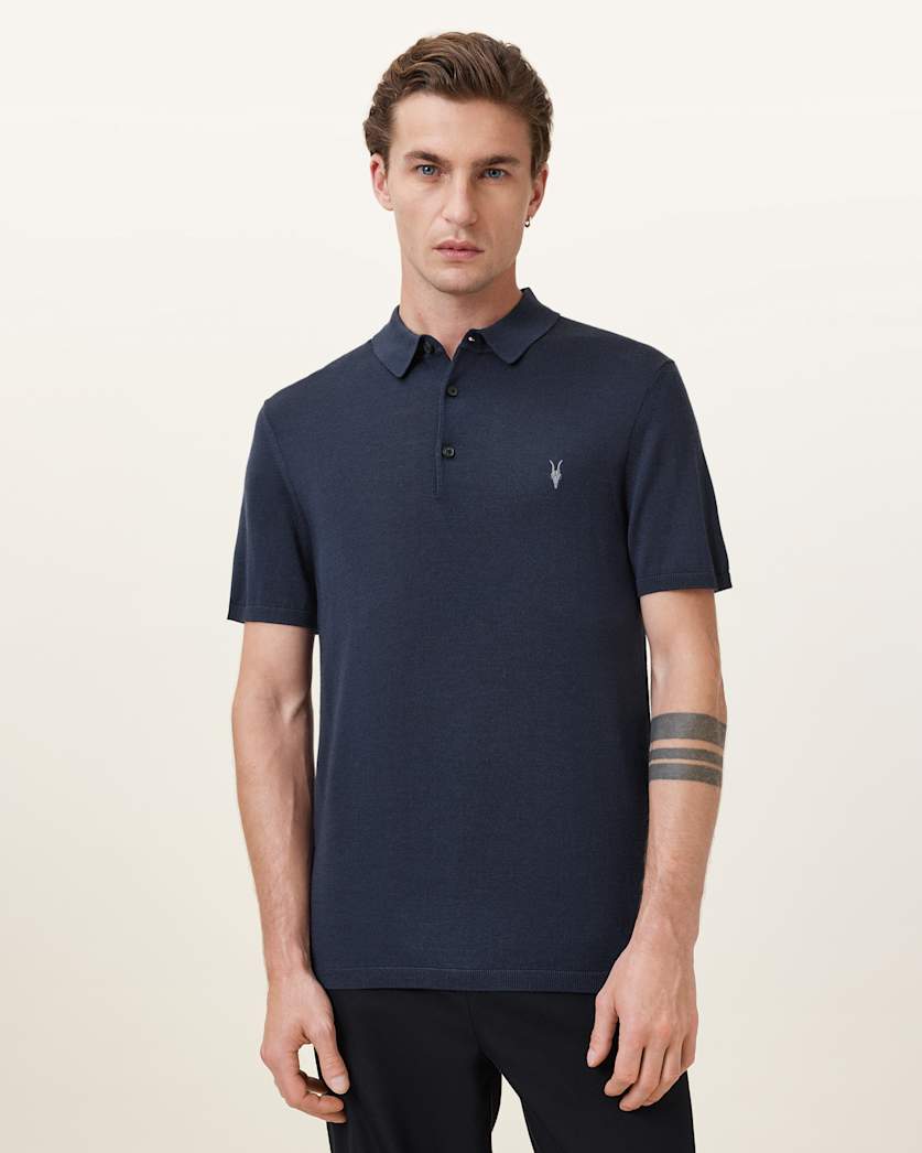 AllSaints Mode Merino Short Sleeve Ramskull Polo Shirt Navy Blue