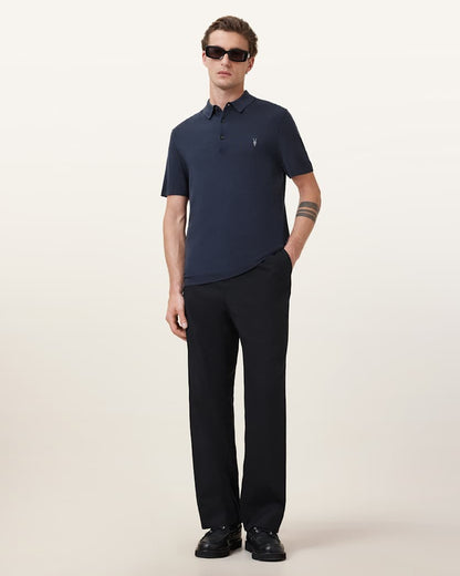 AllSaints Mode Merino Short Sleeve Ramskull Polo Shirt Navy Blue
