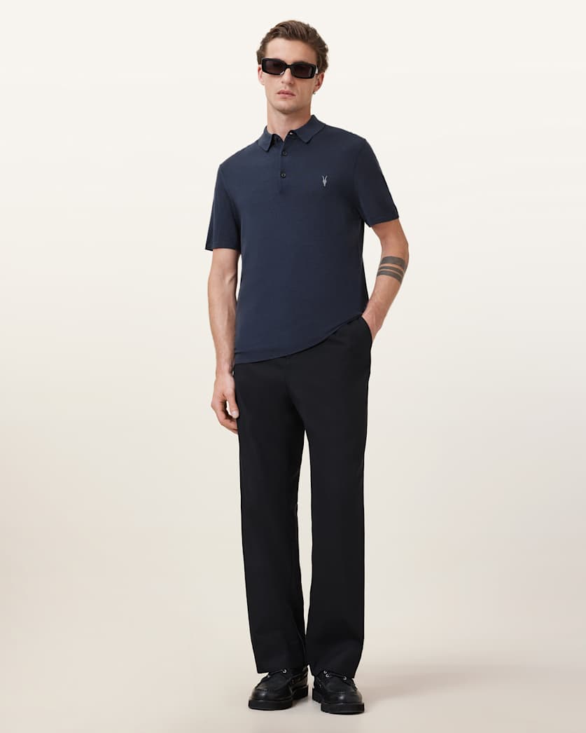 AllSaints Mode Merino Short Sleeve Ramskull Polo Shirt Navy Blue