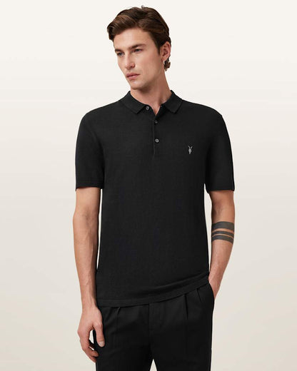AllSaints Mode Merino Short Sleeve Polo Shirt Black