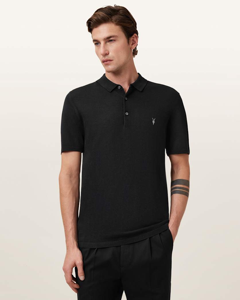 AllSaints Mode Merino Short Sleeve Polo Shirt Black
