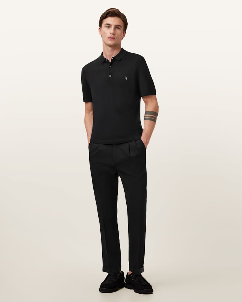 AllSaints Mode Merino Short Sleeve Polo Shirt Black