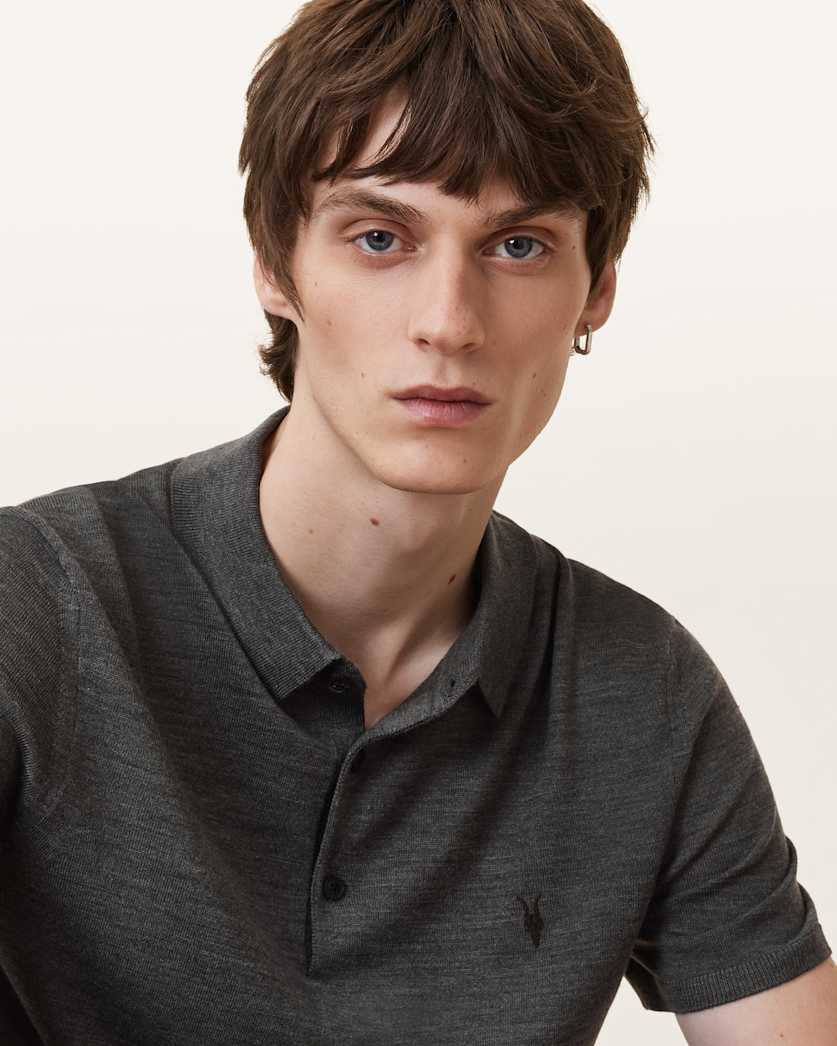 AllSaints Mode Merino Short Sleeve Polo Shirt Black