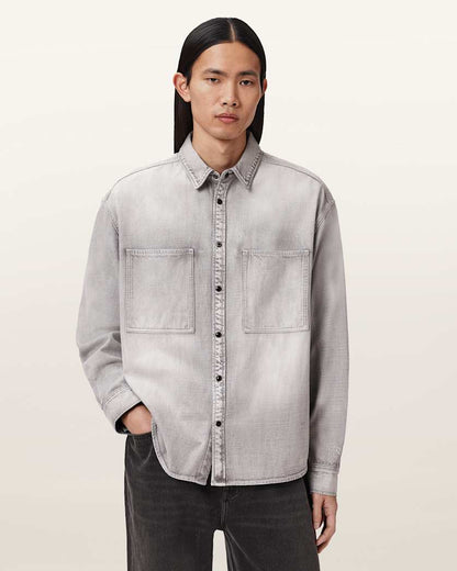 AllSaints Al Oversized Denim Shirt Light Grey