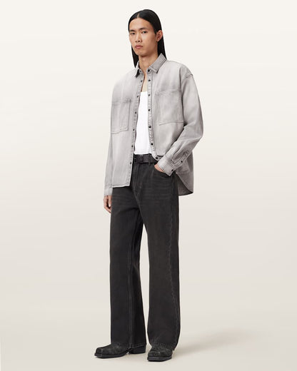 AllSaints Al Oversized Denim Shirt Light Grey