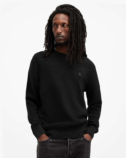 AllSaints Aspen Waffle Texture Crew Neck Ramskull Sweater Cinder Black Marl