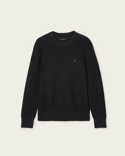 AllSaints Aspen Waffle Texture Crew Neck Ramskull Sweater Cinder Black Marl