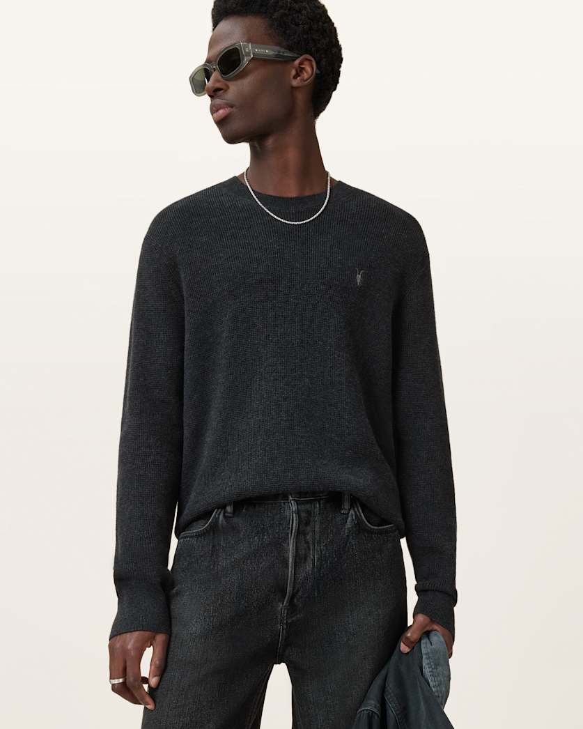 AllSaints Aspen Waffle Texture Crew Neck Ramskull Sweater Cinder Black Marl