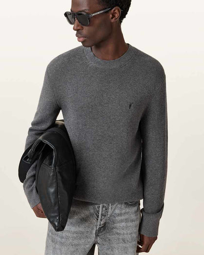 AllSaints Aspen Waffle Texture Crew Neck Ramskull Sweater Cinder Black Marl