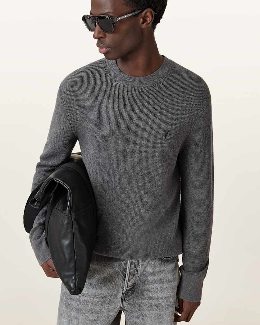 AllSaints Aspen Waffle Texture Crew Neck Ramskull Sweater Cinder Black Marl