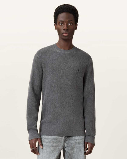 AllSaints Aspen Waffle Texture Crew Neck Ramskull Sweater Cinder Black Marl