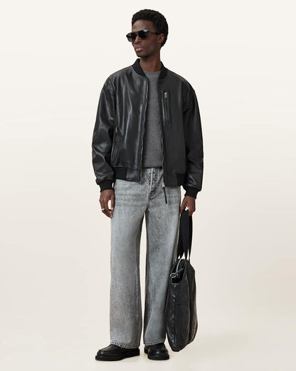 AllSaints Aspen Waffle Texture Crew Neck Ramskull Sweater Cinder Black Marl
