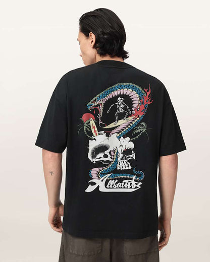 AllSaints Snakepit Oversized Short Sleeve Graphic T Shirt Washed Black