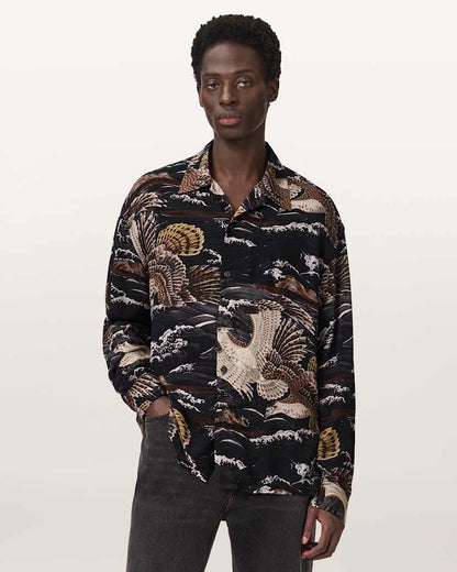AllSaints Corsican Printed Oversized Shirt Jet Black