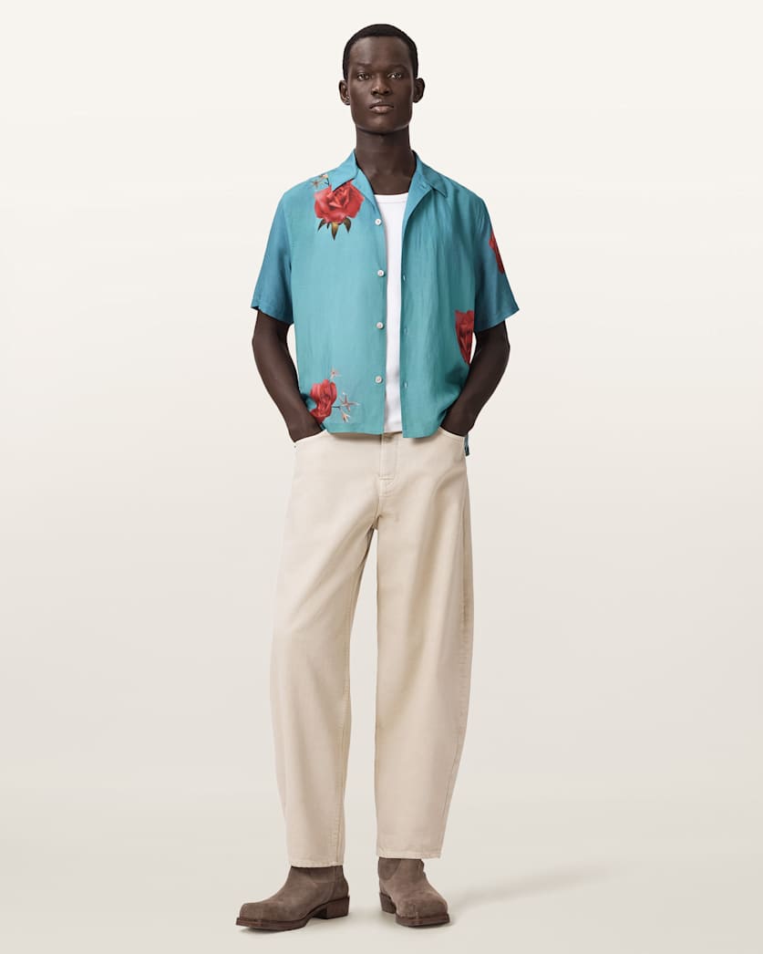 AllSaints Fleur Fazed Boxy Short Sleeve Shirt Anker Blue