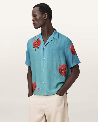 AllSaints Fleur Fazed Boxy Short Sleeve Shirt Anker Blue