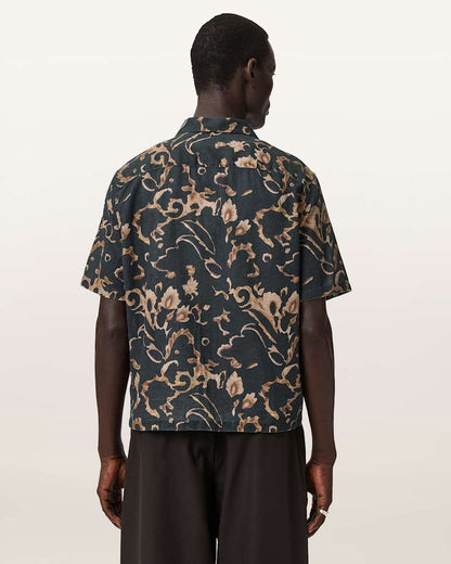 AllSaints Fortune Short Sleeve Linen Blend Boxy Shirt Bank Brown