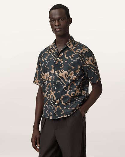 AllSaints Fortune Short Sleeve Linen Blend Boxy Shirt Bank Brown