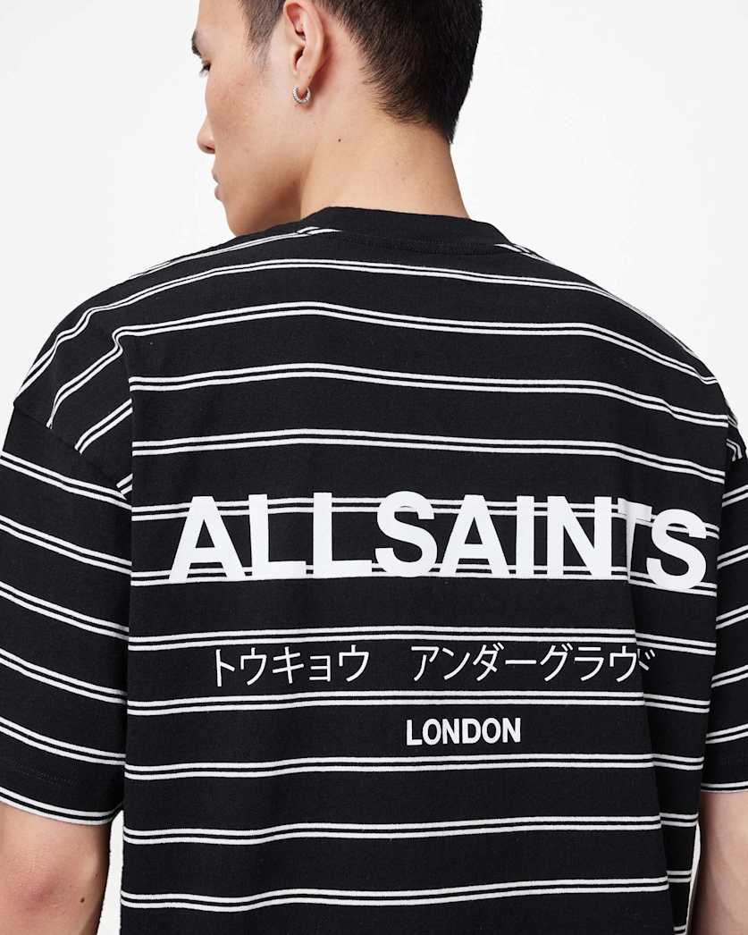 AllSaints Underground Oversized Striped T Shirt Jet Blk/Chalk Wht