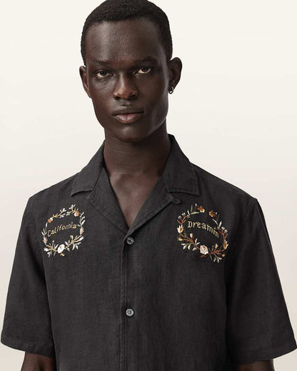 AllSaints Klavicle Short Sleeve Linen Embroidered Shirt Jet Black
