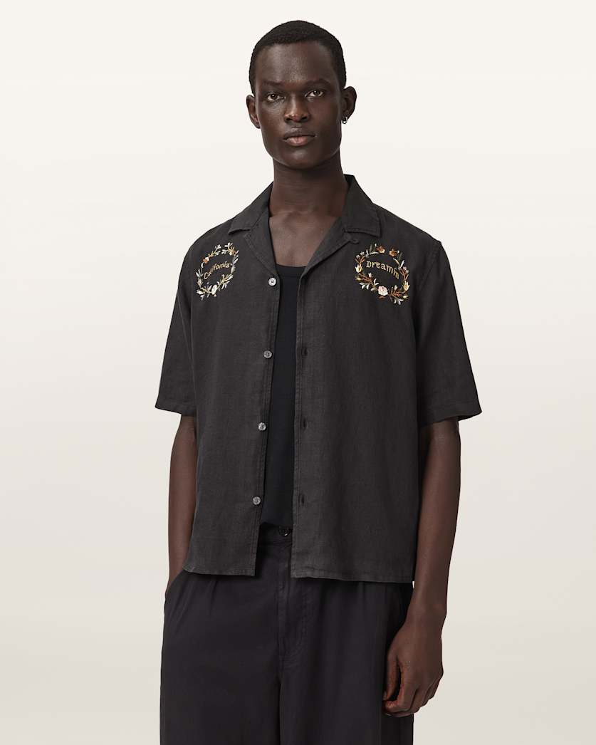 AllSaints Klavicle Short Sleeve Linen Embroidered Shirt Jet Black