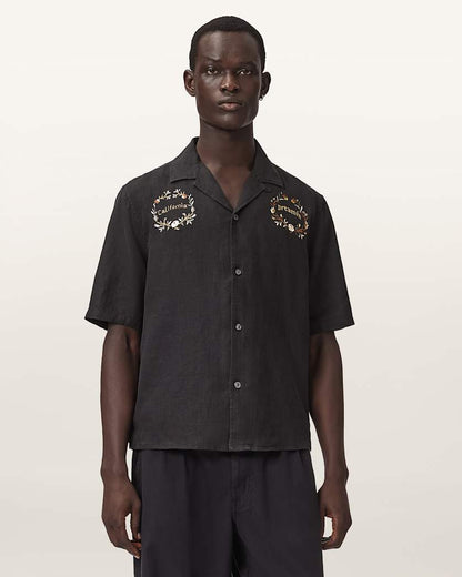 AllSaints Klavicle Short Sleeve Linen Embroidered Shirt Jet Black