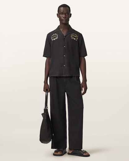 AllSaints Klavicle Short Sleeve Linen Embroidered Shirt Jet Black