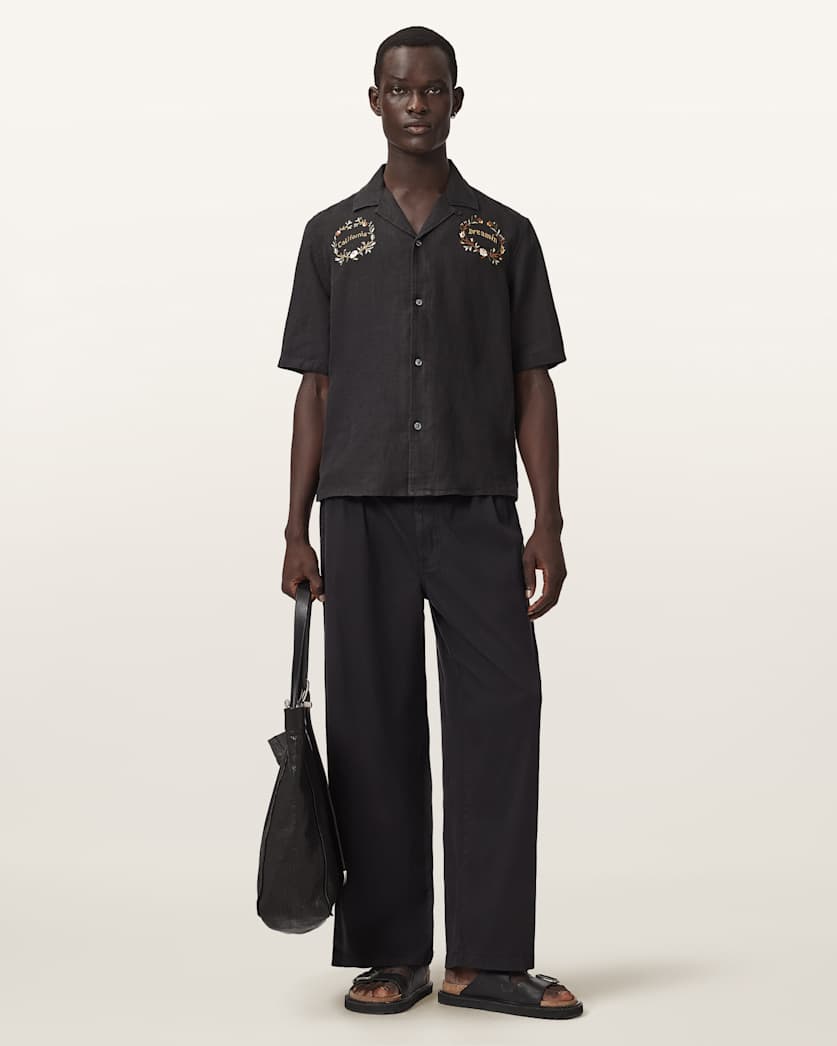 AllSaints Klavicle Short Sleeve Linen Embroidered Shirt Jet Black