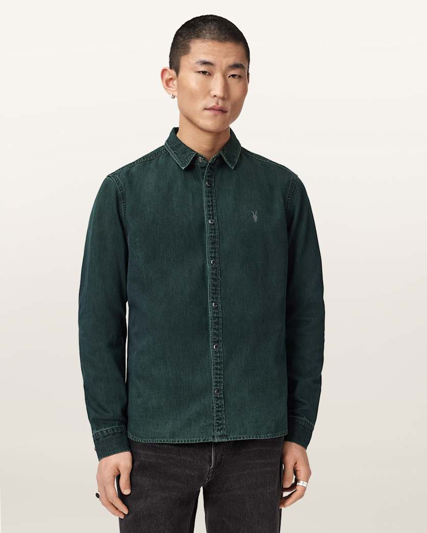 AllSaints Gleason Long Sleeve Ramskull Shirt Phantom Blue
