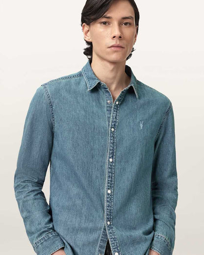 AllSaints Gleason Long Sleeve Ramskull Shirt Phantom Blue