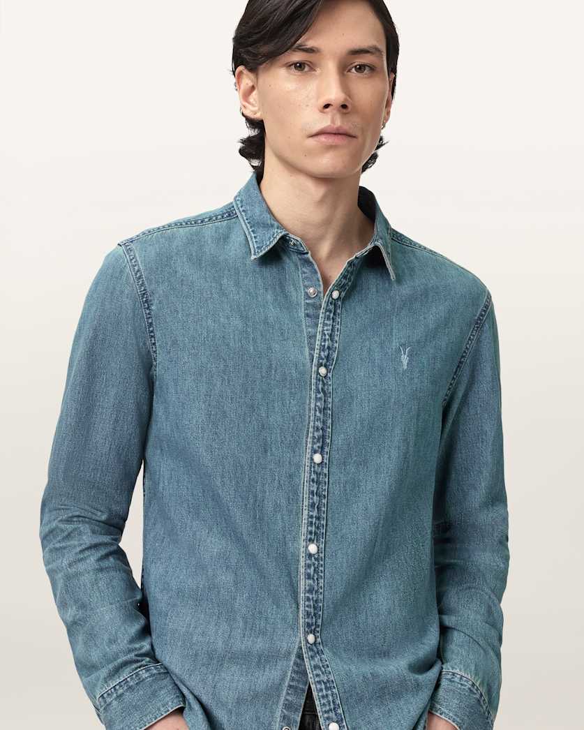 AllSaints Gleason Long Sleeve Ramskull Shirt Phantom Blue