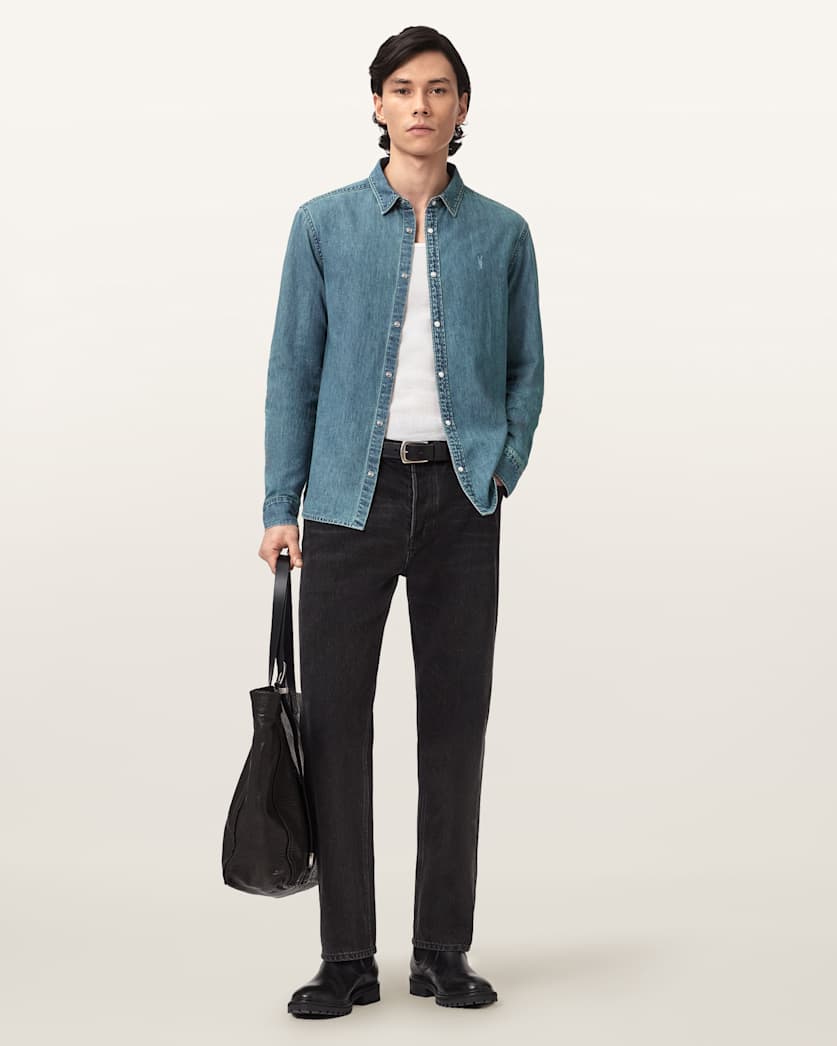 AllSaints Gleason Long Sleeve Ramskull Shirt Phantom Blue
