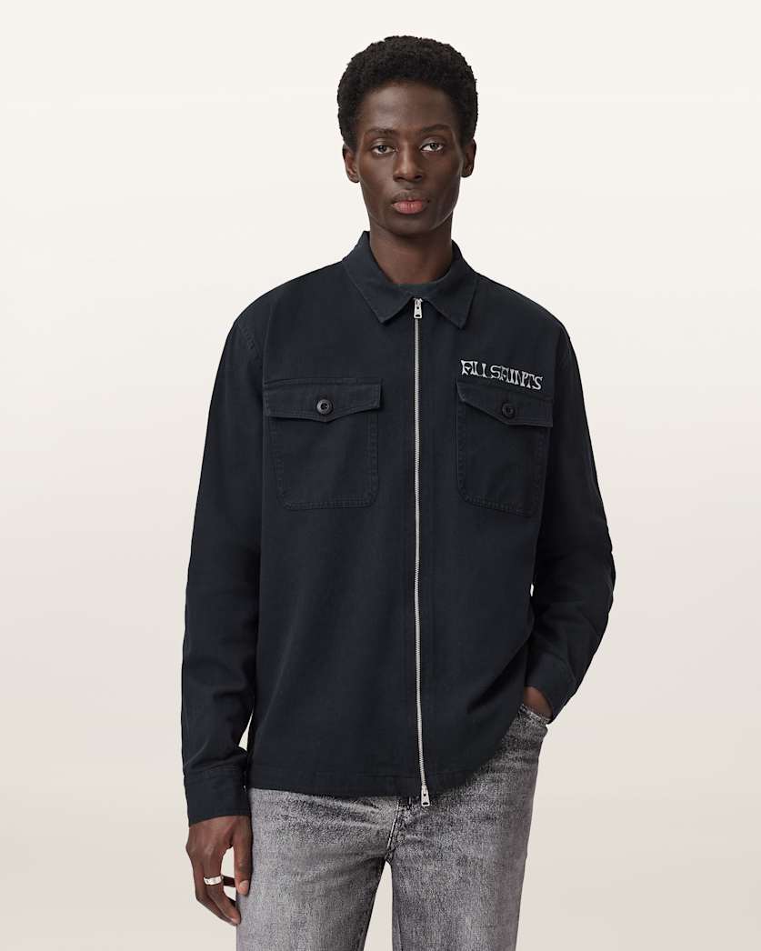 AllSaints Orbit Relaxed Fit Zip Shirt Jet Black