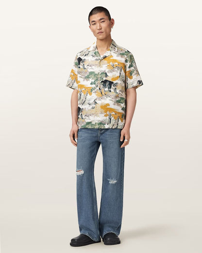 AllSaints Wader Short Sleeve Linen Blend Shirt Off White