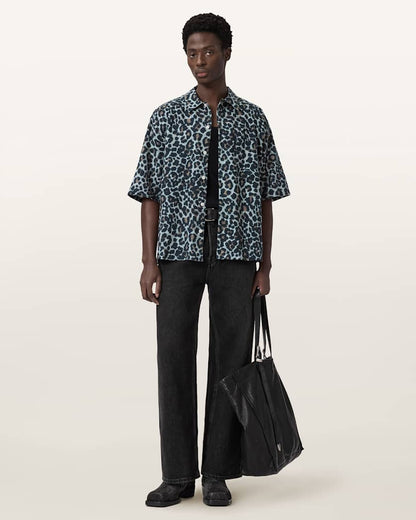 AllSaints Silesia Short Sleeve Leopard Print Shirt Soft Ash Grey