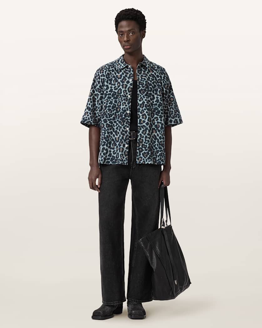 AllSaints Silesia Short Sleeve Leopard Print Shirt Soft Ash Grey
