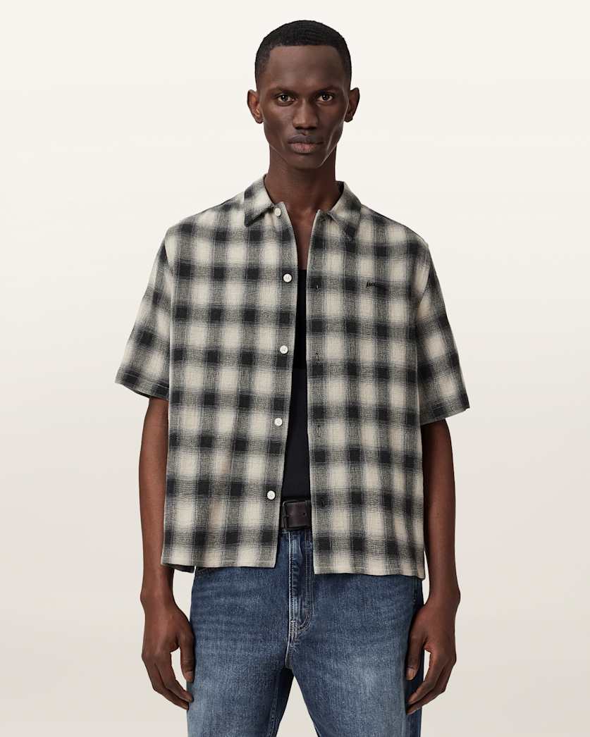 AllSaints Shadow Short Sleeve Boxy Check Shirt Off White