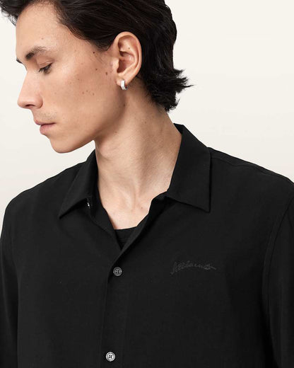 AllSaints Baron Embroidered Boxy Shirt Jet Black
