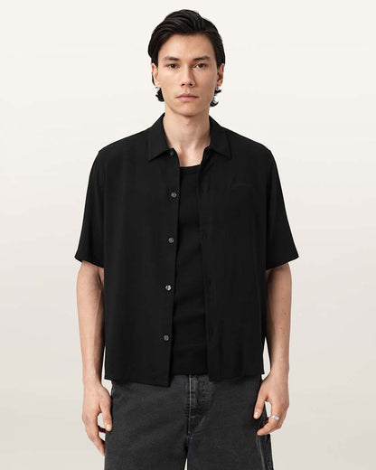 AllSaints Baron Embroidered Boxy Shirt Jet Black