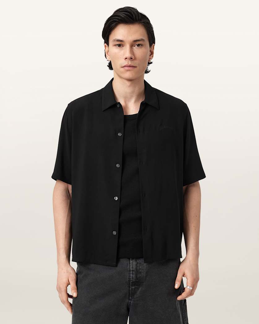 AllSaints Baron Embroidered Boxy Shirt Jet Black