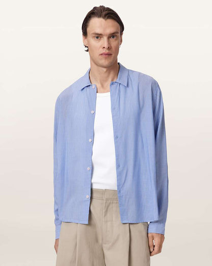 AllSaints Furrow Long Sleeve Boxy Striped Shirt Aero Blue