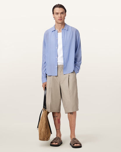 AllSaints Furrow Long Sleeve Boxy Striped Shirt Aero Blue