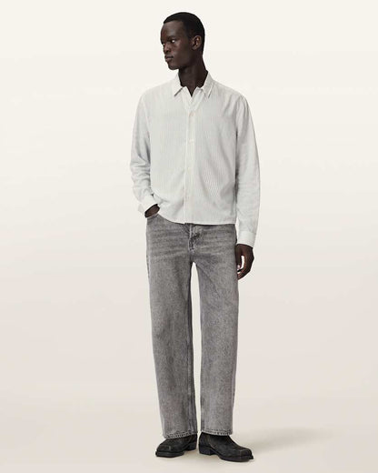 AllSaints Furrow Long Sleeve Boxy Striped Shirt Aero Blue