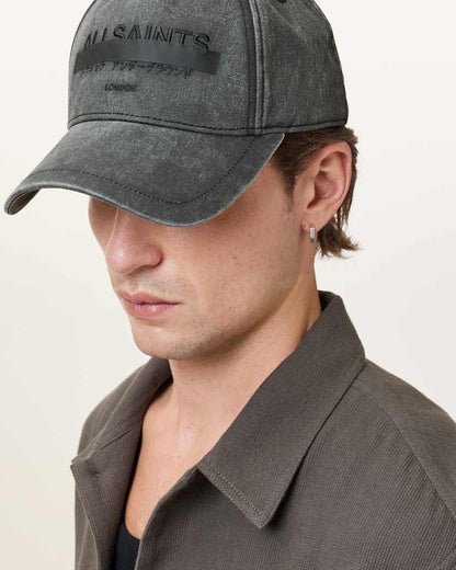 AllSaints Redact Logo Print Baseball Cap Washed Black
