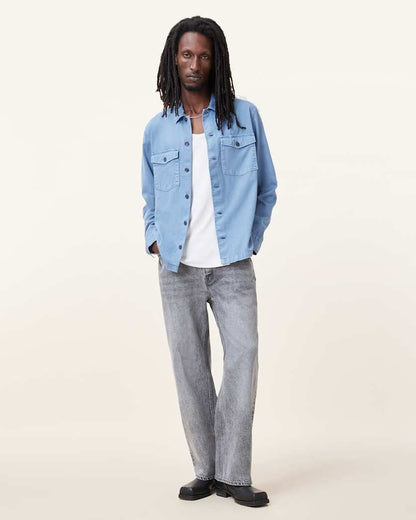 AllSaints Spotter Long Sleeve Military Overshirt Static Blue