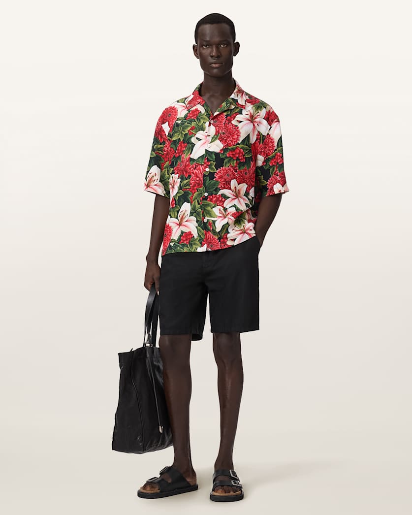 AllSaints Hokkaido Short Sleeve Linen Blend Shirt Red